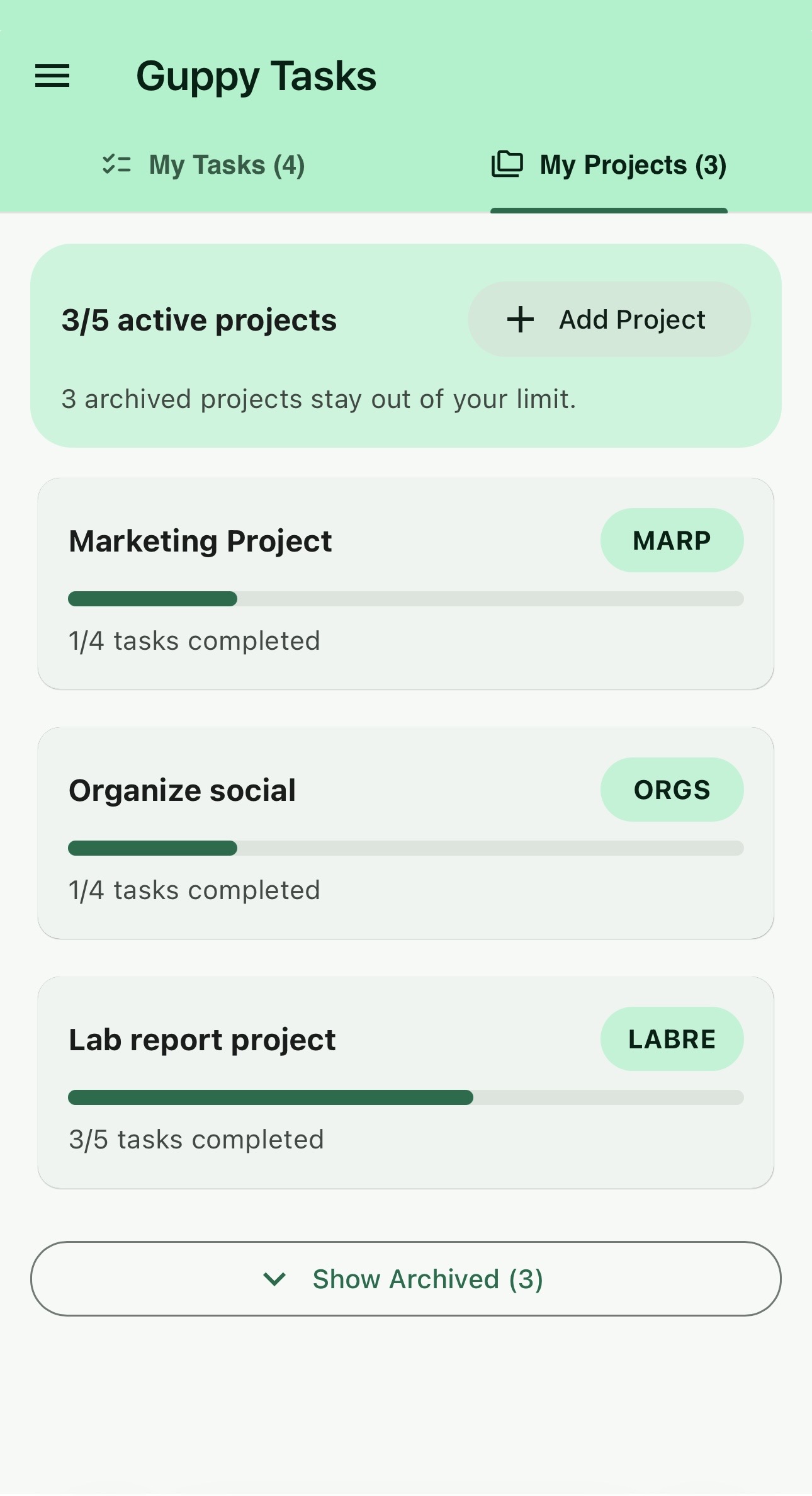Guppy Tasks projects screen