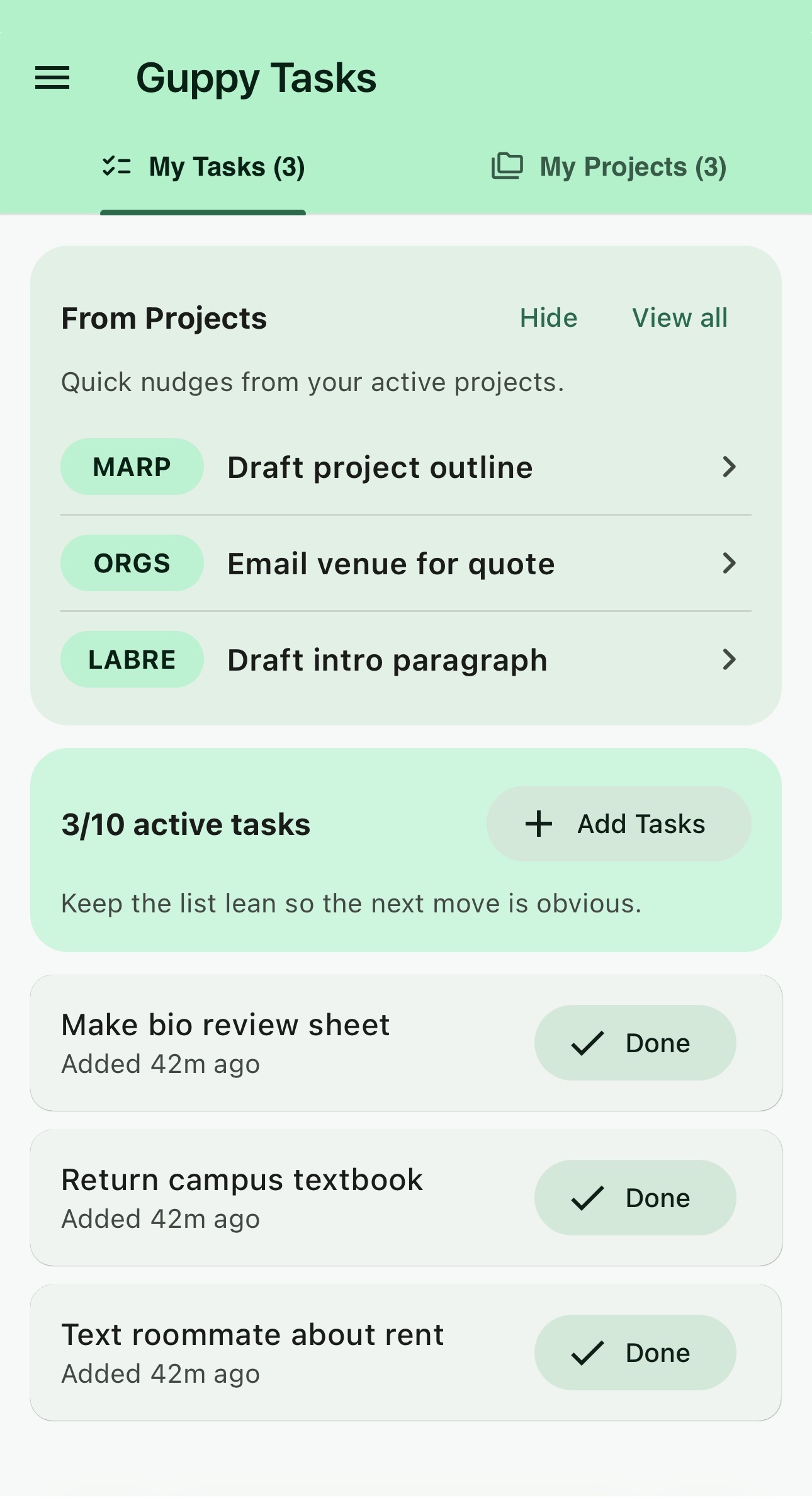 Guppy Tasks my tasks screen